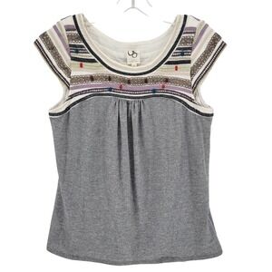 One September Anthropologie Metallic Grey Embroidered Mixed Media Top Large